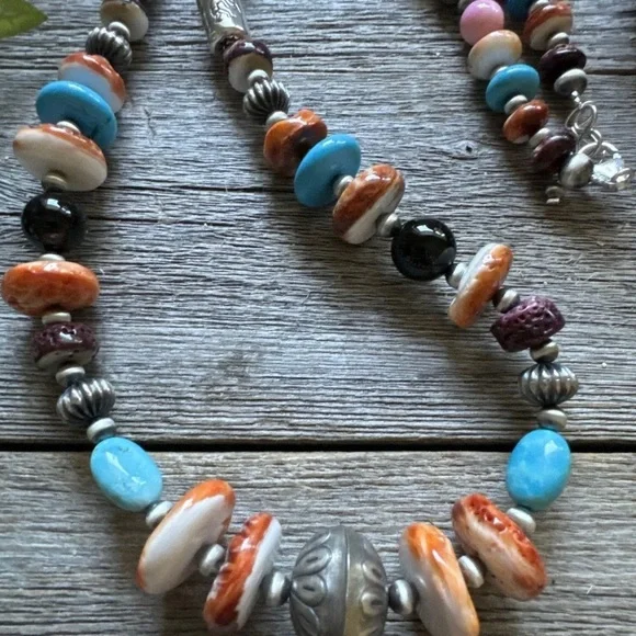 Southwestern 925 Sterling Silver Multi Gem Stone W Pearls Bead Necklace. 26 inch